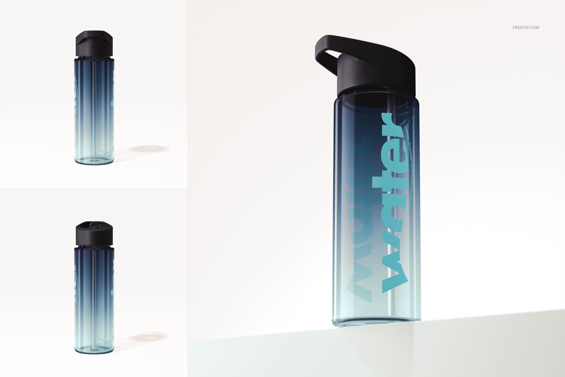 24 oz acrylic water bottle mockup featuring a dark lid and blue gradient design, displayed on a light background.