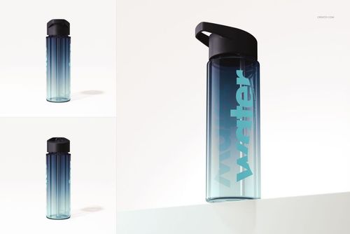 24 oz acrylic water bottle mockup featuring a dark lid and blue gradient design, displayed on a light background.