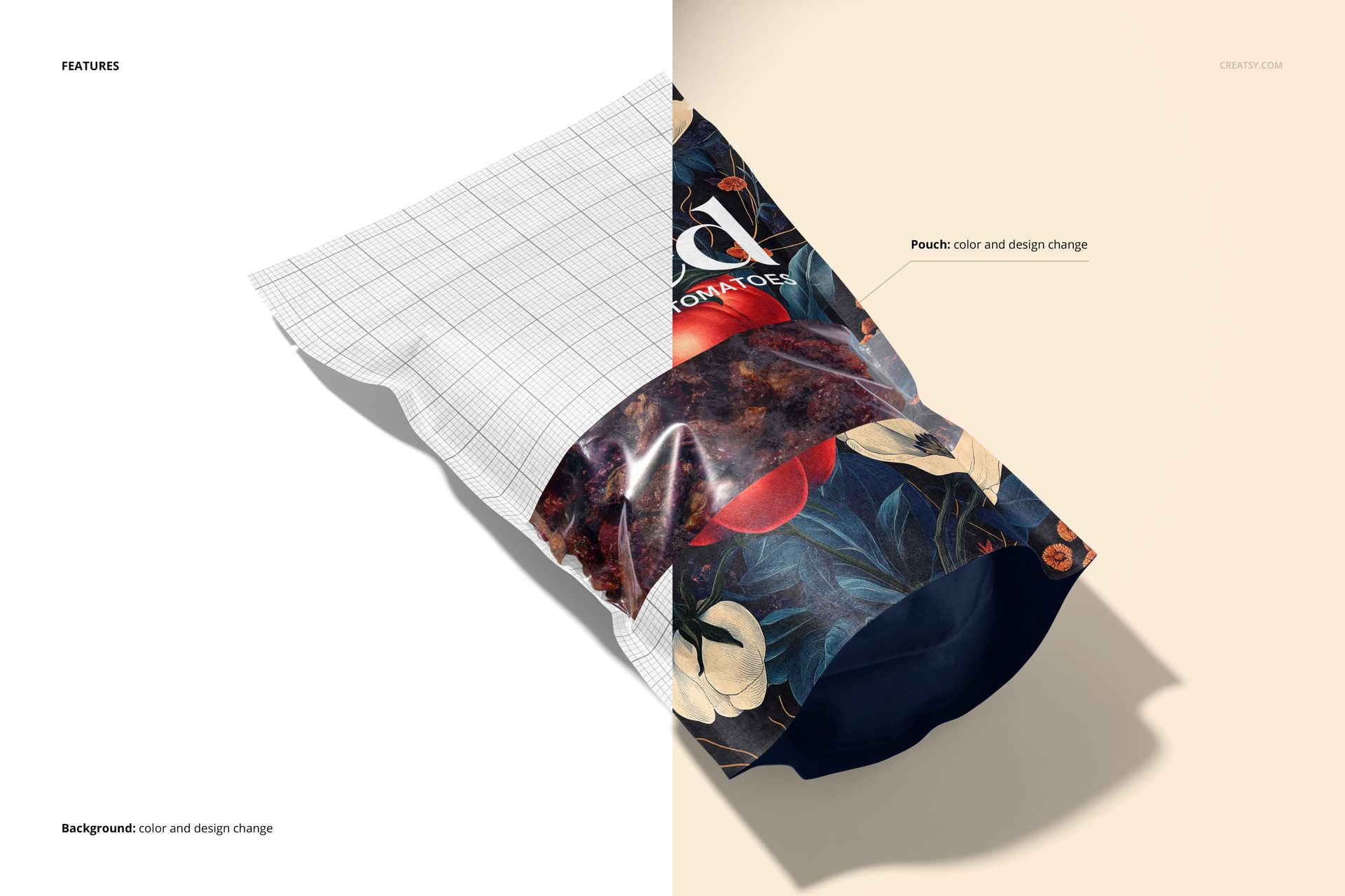 Front view of a paper pouch mockup for sun-dried tomatoes, half with grid design and half with colorful floral artwork.