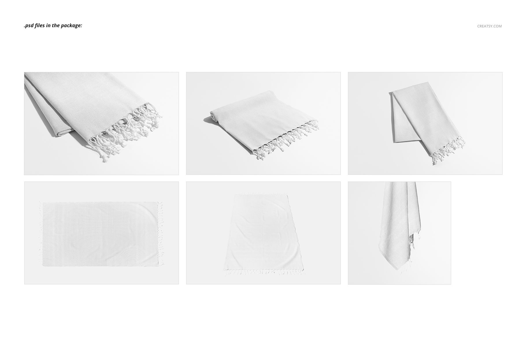 Six views of a Turkish tassel towel mockup, showing different perspectives and folds on a plain white surface.
