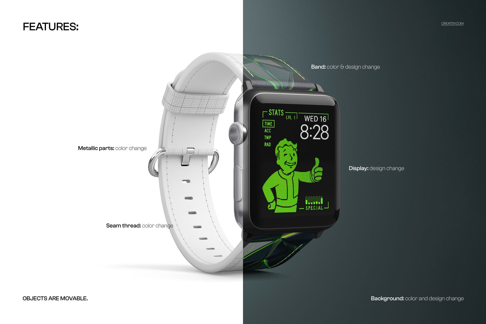 Apple Watch with a stitched leather band mockup, shown in a split view with white and dark backgrounds.