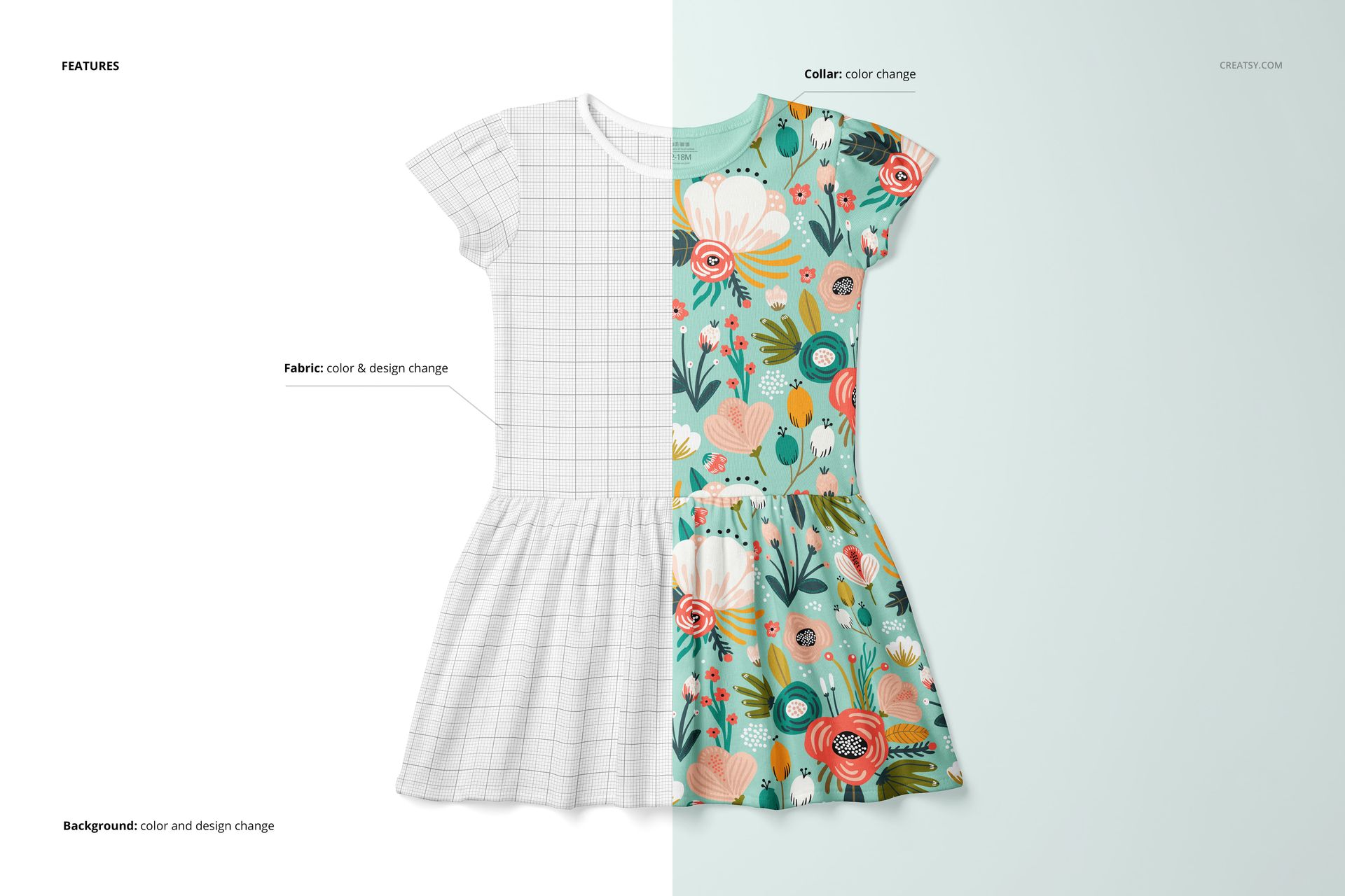 Front view of a toddlers rib dress mockup split into two halves, showing a grid pattern on the left and colorful floral print on the right.