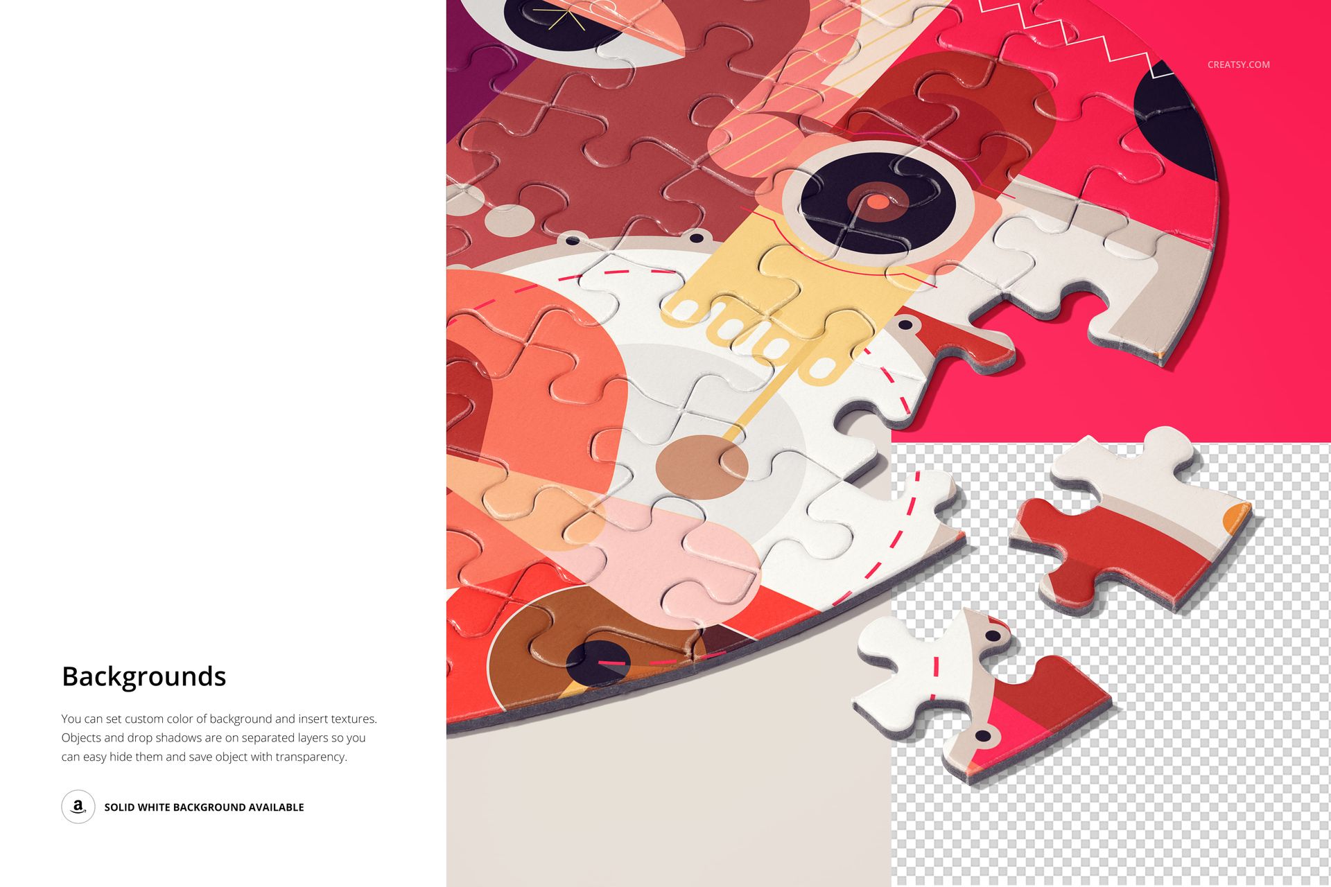PSD mockup showing close-up of jigsaw puzzle pieces with multicolored artwork and transparent section on the side.