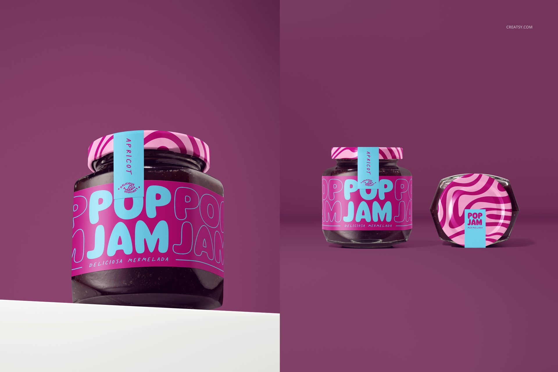 Front and angled view of glass jam jars with vibrant pink and blue labels, set against a solid purple background.