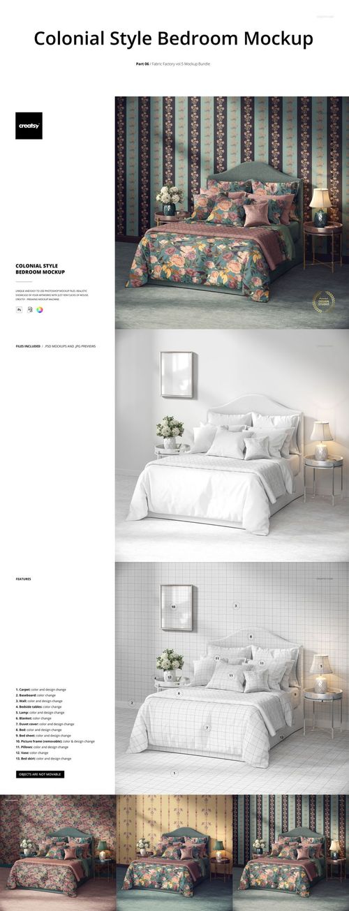 Front view of a colonial style bedroom mockup featuring a bed with patterned bedding, pillows, and wallpaper designs.