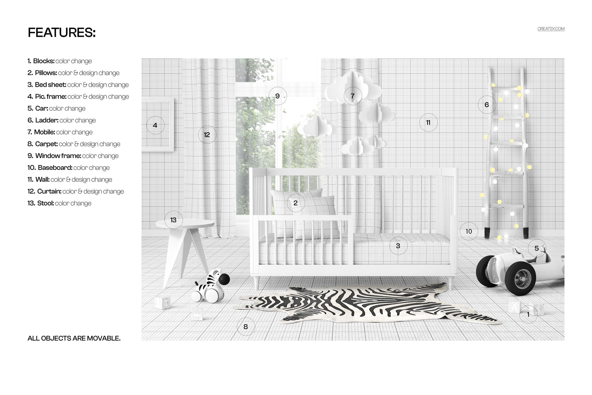 Front view of a white convertible baby crib with toddler rail in a modern nursery mockup, surrounded by minimalist decor.
