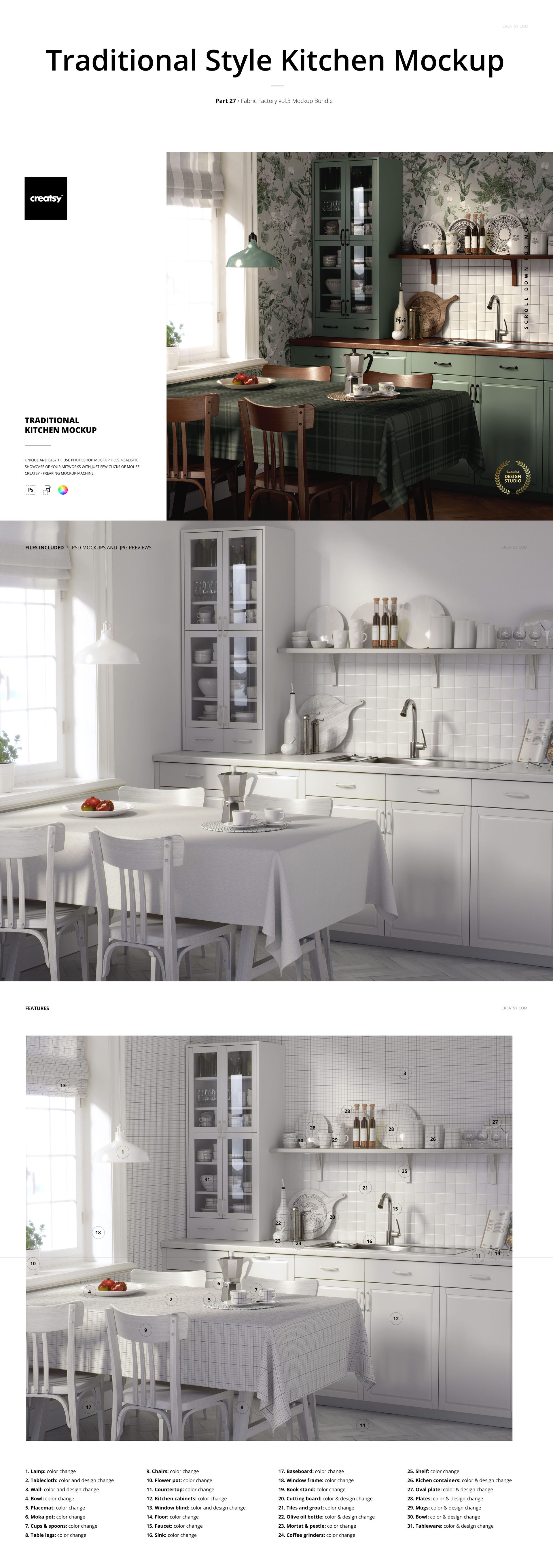 Traditional kitchen scene featuring fabric and wallpaper mockups, with wooden furniture and patterned textiles.