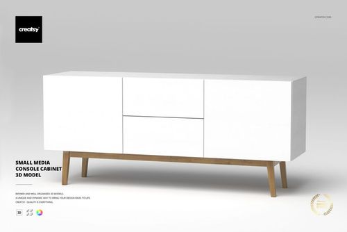 Small media console cabinet with a minimalist white finish, wooden legs, and three doors, shown from the front.