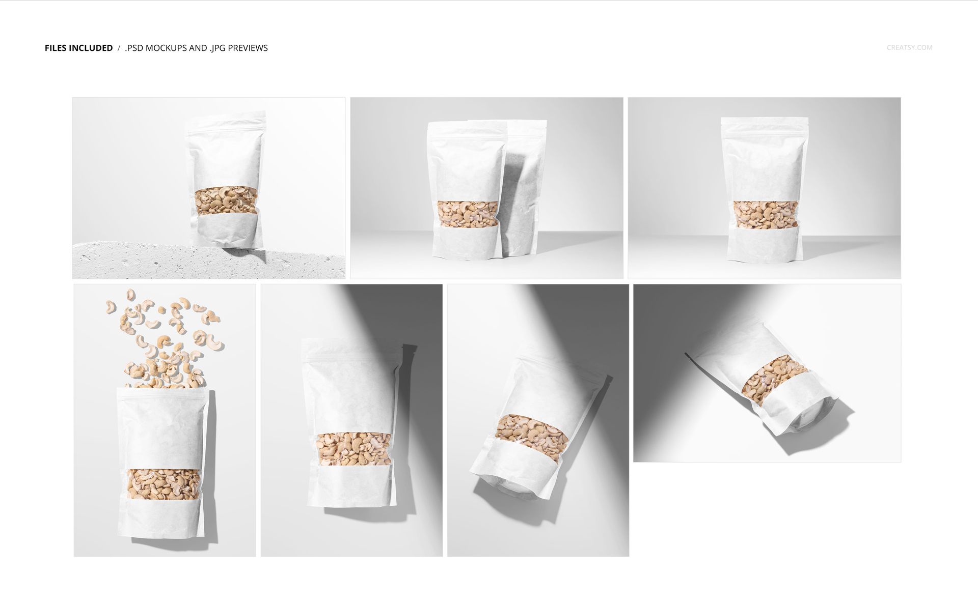 Cashews paper pouch mockup set displayed in seven different arrangements, featuring white packaging and scattered nuts.