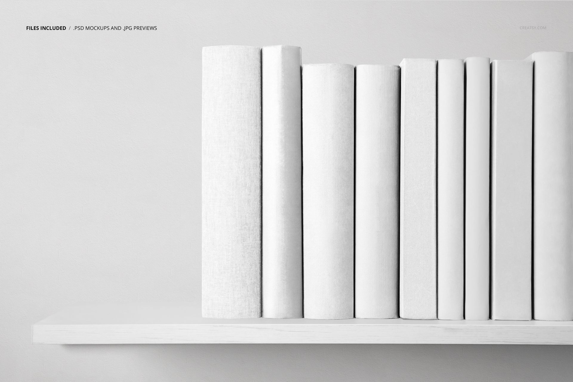 Front view of nine white hardcover books neatly arranged side by side on a minimalist white shelf in a PSD mockup.