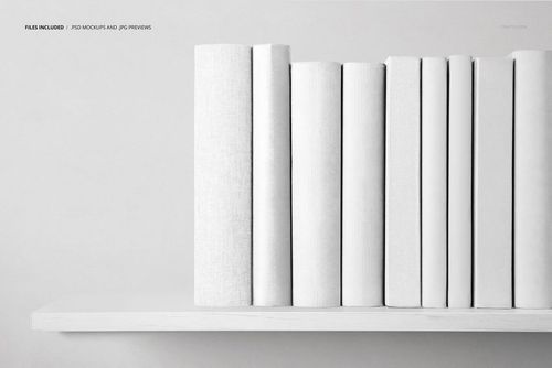 Front view of nine white hardcover books neatly arranged side by side on a minimalist white shelf in a PSD mockup.