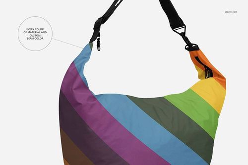 Colorful crescent bag mockup featuring bold diagonal stripes in purple, brown, green, yellow, and orange tones.