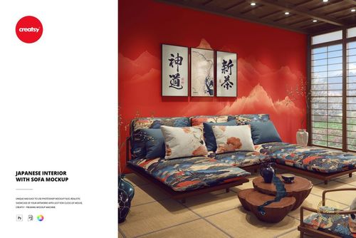 PSD mockup of a serene Japanese interior featuring a sofa with floral upholstery, tatami mats, and wall art, front perspective.