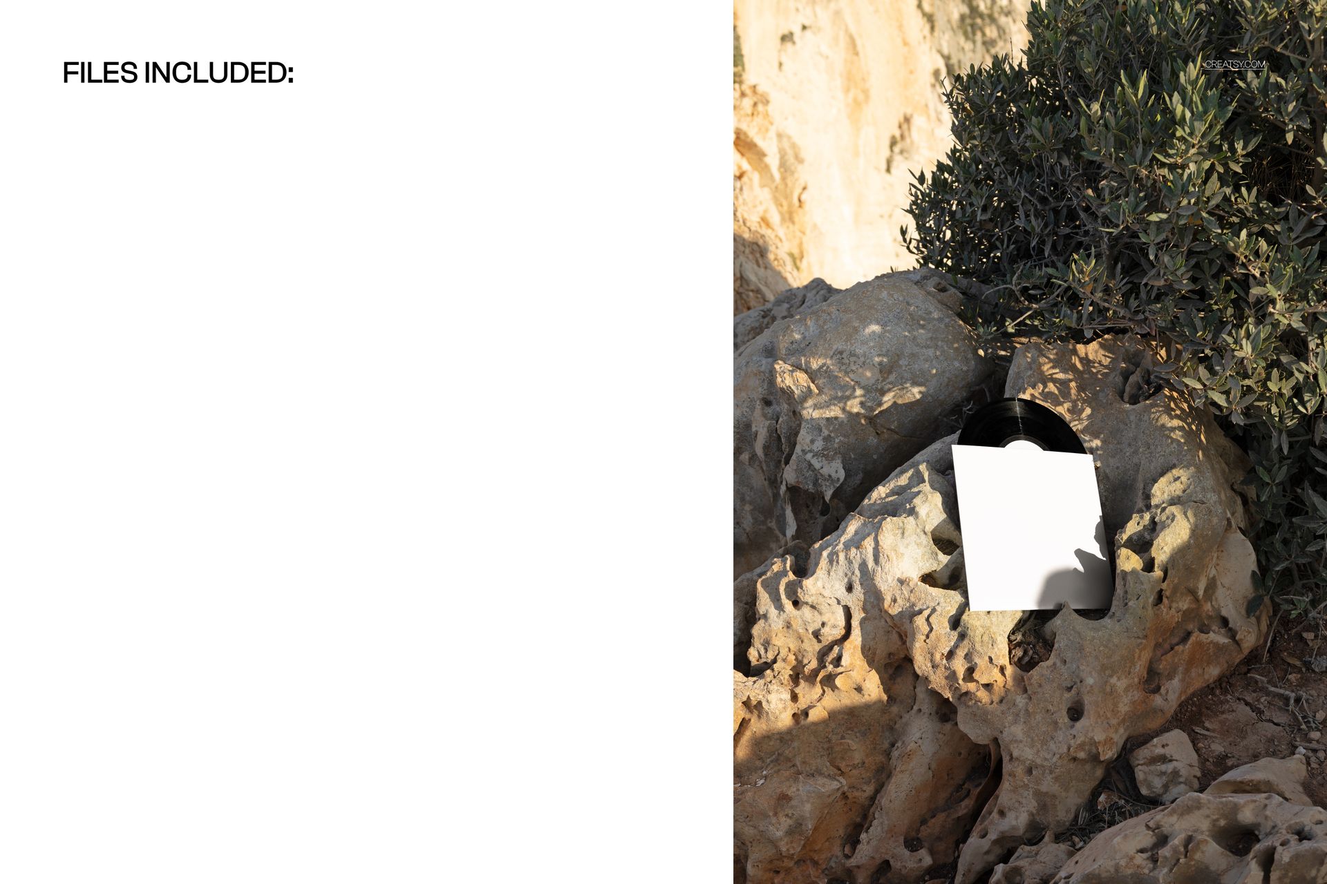 Black vinyl record mockup partially visible behind a blank white square sleeve, leaning on natural rock outdoors.
