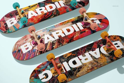 Skateboard mockup set showing three decks with multicolored artwork and assorted wheel colors, arranged side by side.