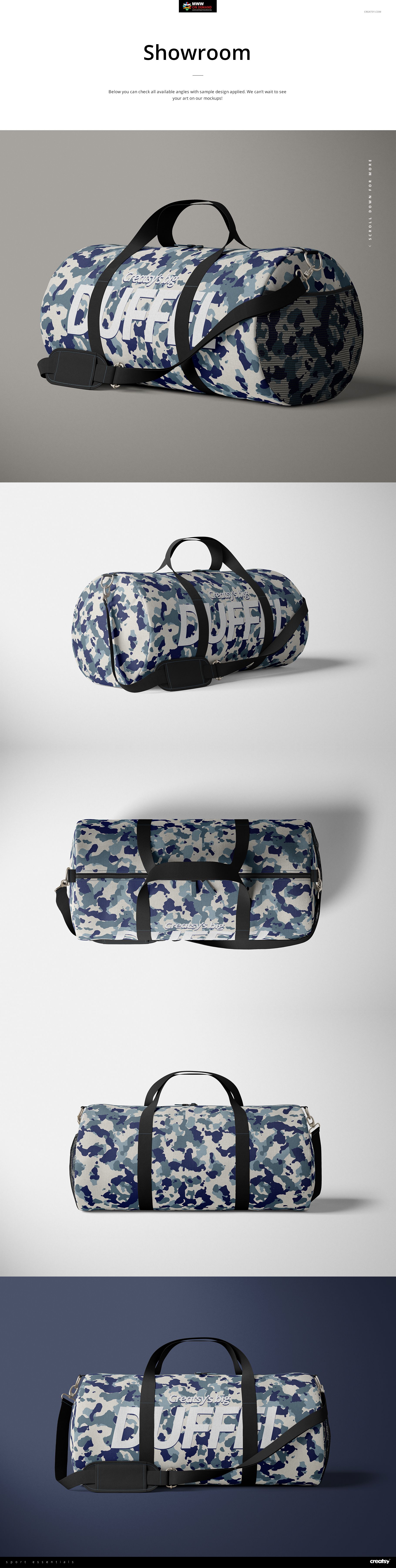 Mockup of a 23x12 inch duffel bag featuring a blue and white design, black straps, and multiple perspectives.