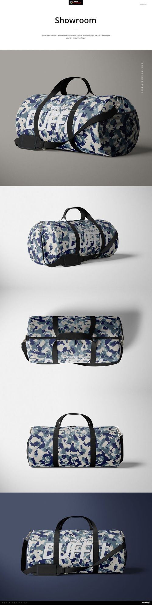Mockup of a 23x12 inch duffel bag featuring a blue and white design, black straps, and multiple perspectives.
