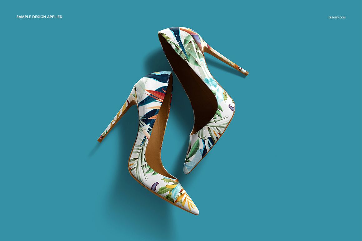 High heels mockup set showing shoes with multicolored leaf motifs, viewed from above against a teal backdrop.