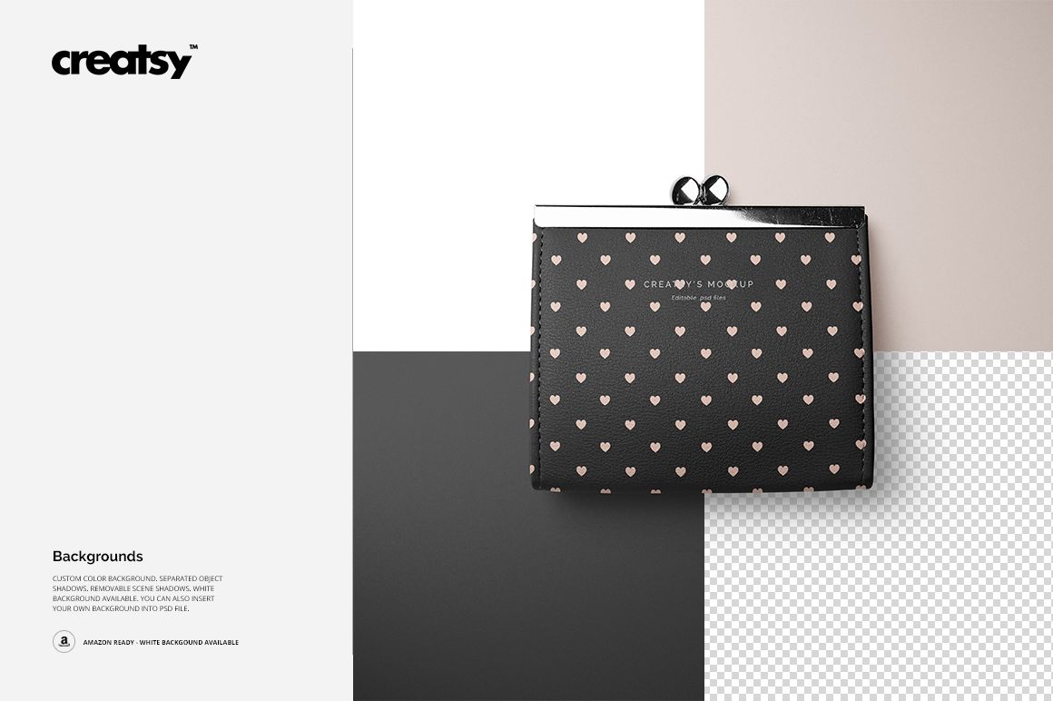 Front view of a leather wallet purse mockup with a heart pattern, displayed on a split background with neutral tones.