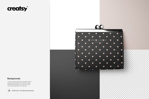 Front view of a leather wallet purse mockup with a heart pattern, displayed on a split background with neutral tones.