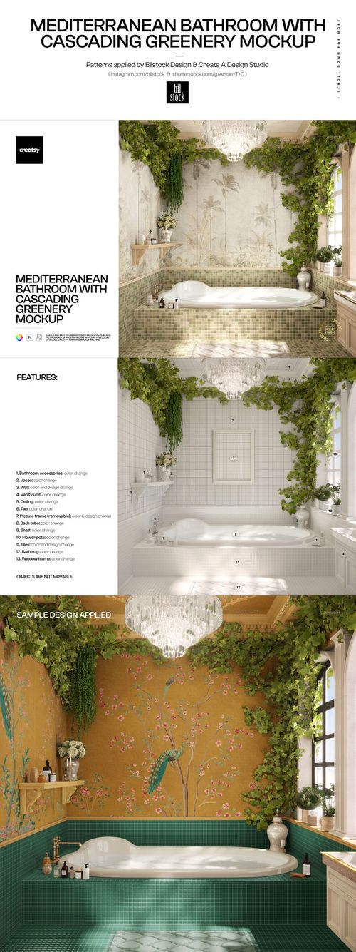 Mediterranean bathroom scene with a white bathtub, cascading green plants, and decorative wallpaper mockup.