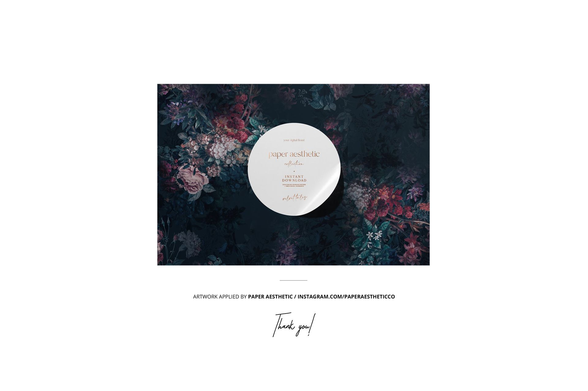 Round umbrella mockup displayed from a top view, featuring a dark floral pattern background and a central label.