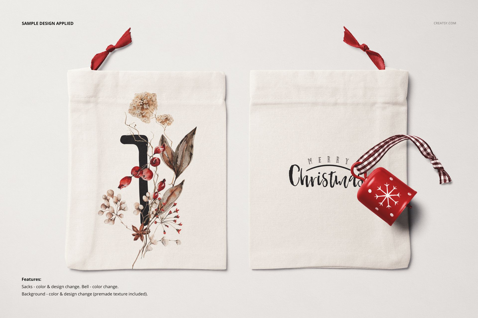 PSD mockup showing a pair of advent calendar drawstring sacks, one decorated with florals and one with holiday lettering.