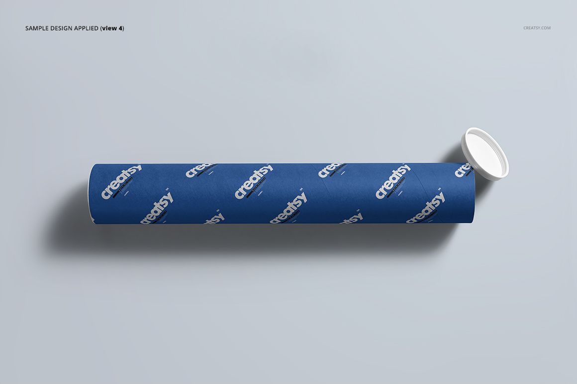 Mailing tube mockup featuring a blue cylindrical tube and white cap, displayed on a neutral background, top perspective.