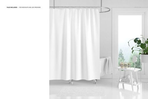 Wave pleat shower curtain mockup displayed in a modern bathroom, featuring a white curtain and natural light.