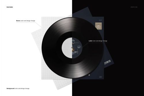 PSD mockup showing a black vinyl record and covers, with a grid and dark cover on a divided background.