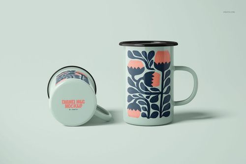450ml enamel mugs featuring bold floral designs in dark blue and coral, displayed on a pale surface in a PSD mockup.