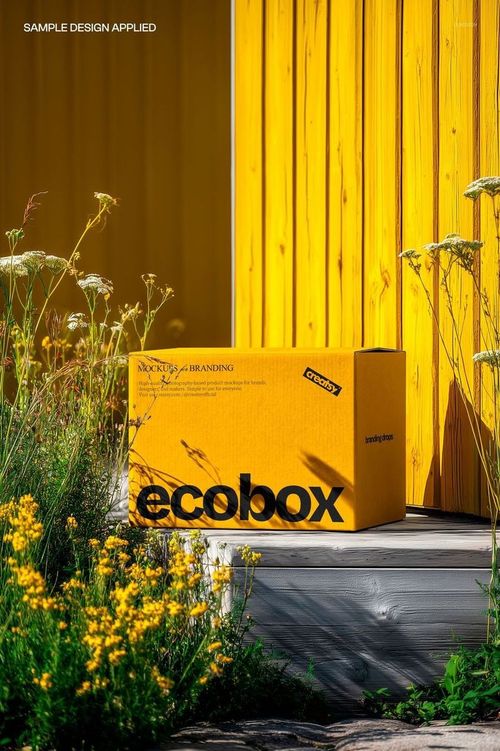 Yellow shipping box mockup displayed on wooden planks near tall grass and flowers, with a yellow wall background.