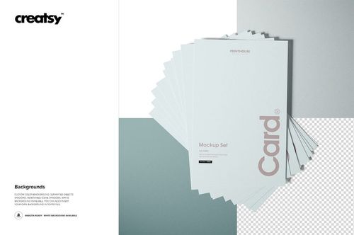 Flat cards mockup set displayed from a top view, featuring overlapping white cards on a geometric background.