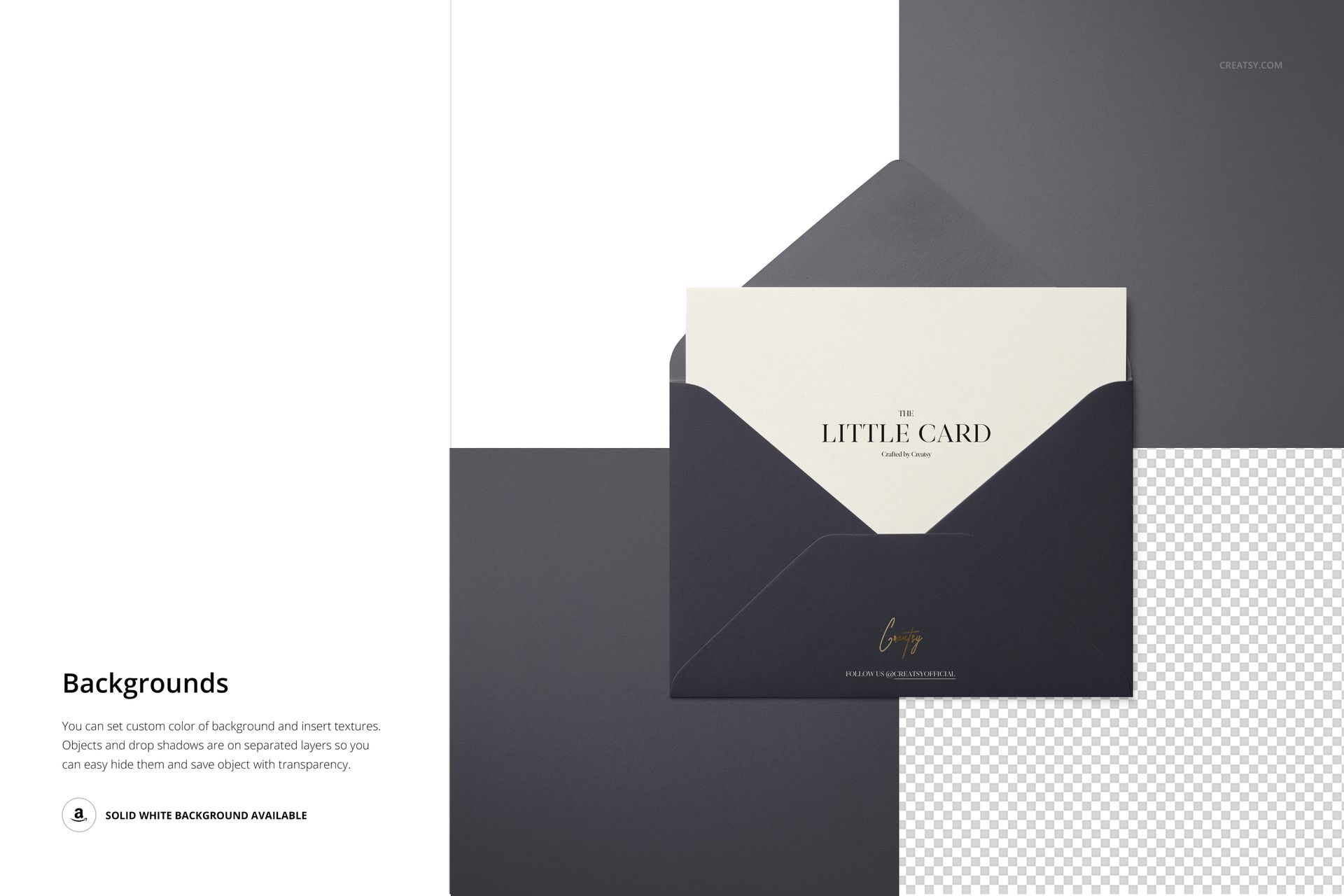 Small envelope and card displayed in a PSD mockup, featuring a dark envelope with a light card on a geometric background.