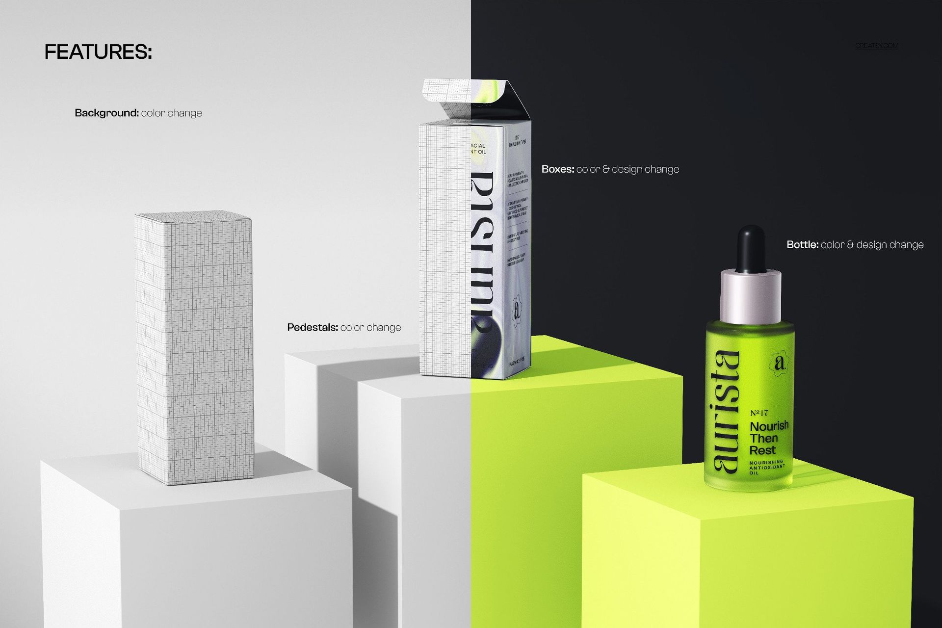 Front view of three serum packaging mockups displayed on white and neon yellow blocks, featuring boxes and a bottle.