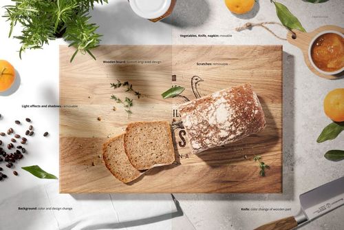 End grain wooden board mockup with bread slices, fresh herbs, coffee beans, and citrus fruits in a kitchen setting.