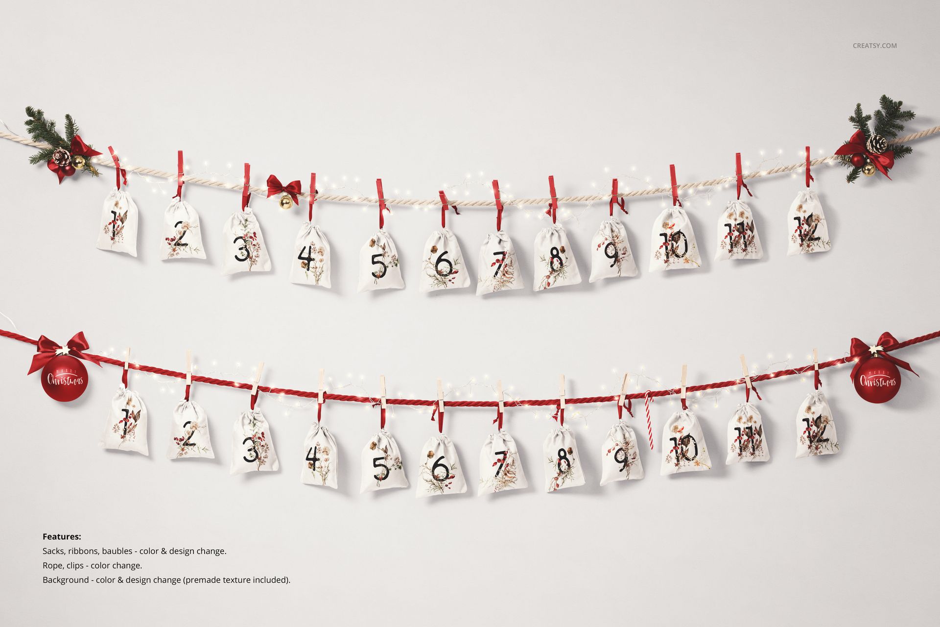 Christmas-themed advent calendar mockup featuring small white drawstring sacks numbered 1 to 24, displayed on ribbons.