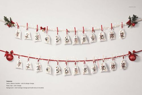 Christmas-themed advent calendar mockup featuring small white drawstring sacks numbered 1 to 24, displayed on ribbons.