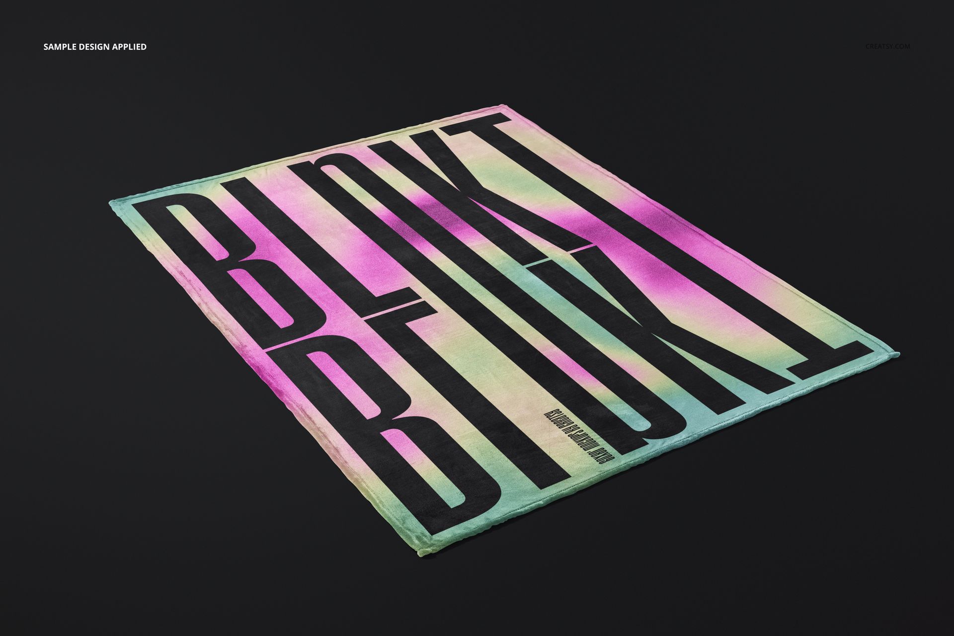 Fleece blanket mockup featuring a large rectangular blanket with a bold black text design on a pastel gradient background.