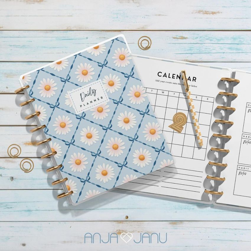 Spiral-bound planner mockup featuring a decorative cover with daisies and bows, next to an open planner displaying a calendar layout.
