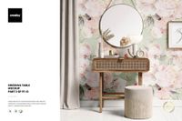 Front view of a dressing table mockup with round mirror, decorative items, and floral wallpaper background.