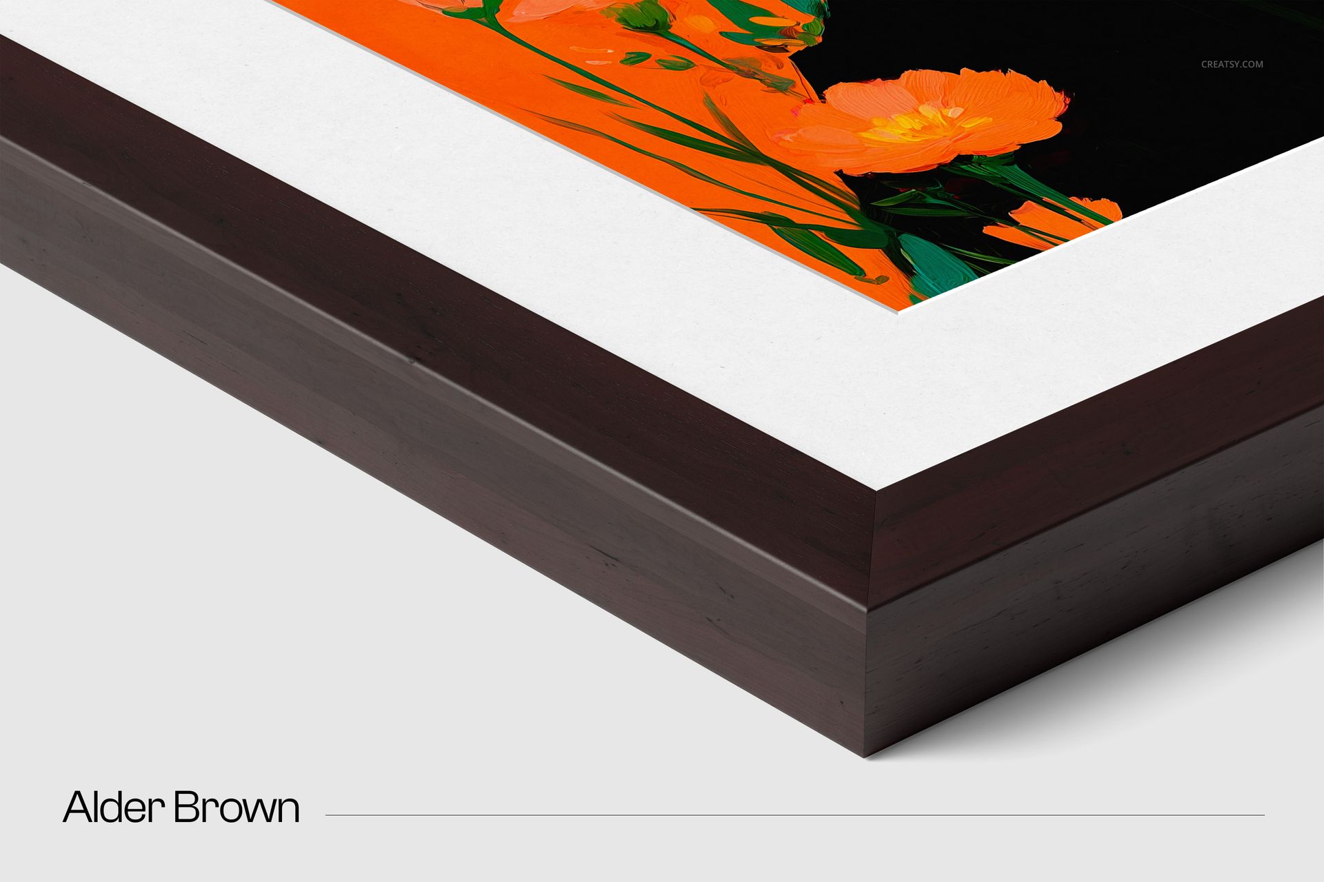 Detailed corner close-up of an alder brown wooden frame mockup with white matte and colorful floral art print.