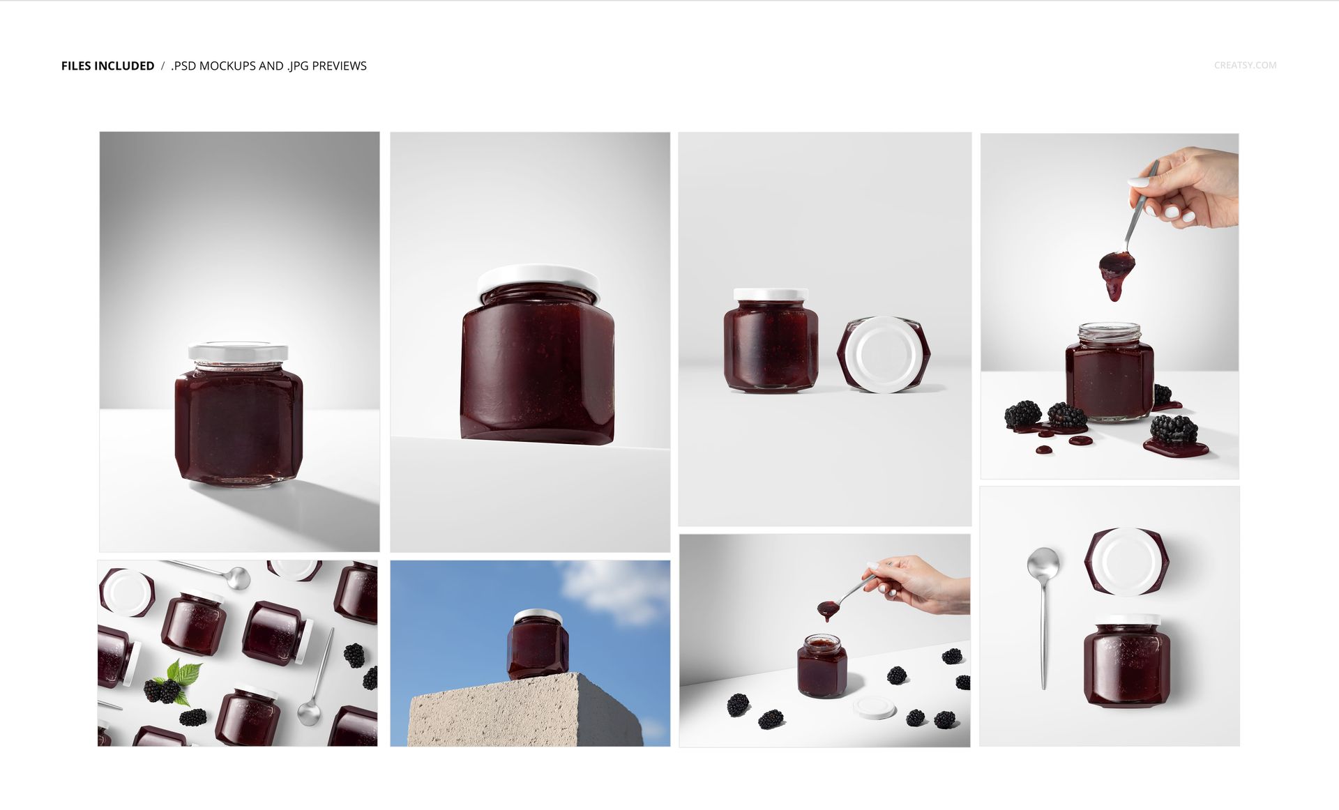 Front and top views of a glass jar filled with dark blackberry jam, with a white lid, shown in various mockup scenes.