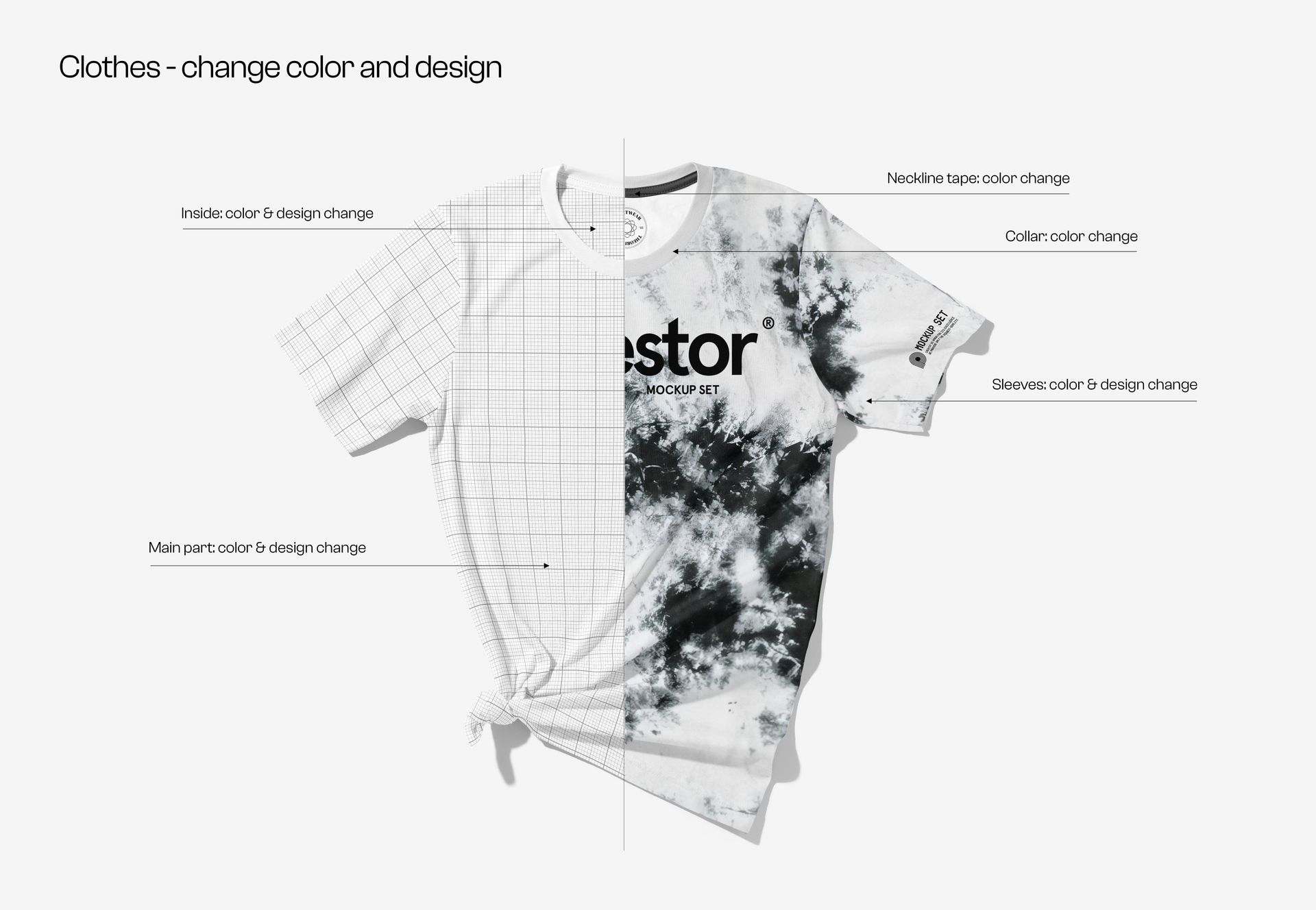 Front view of a short-sleeve adult t-shirt mockup, half in grid pattern and half in black and white tie-dye design.