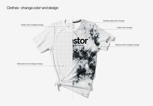 Front view of a short-sleeve adult t-shirt mockup, half in grid pattern and half in black and white tie-dye design.