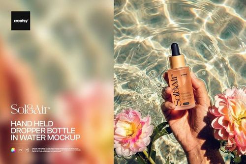 PSD mockup scene showing a dropper bottle held in water, with visible ripples and colorful flowers nearby.