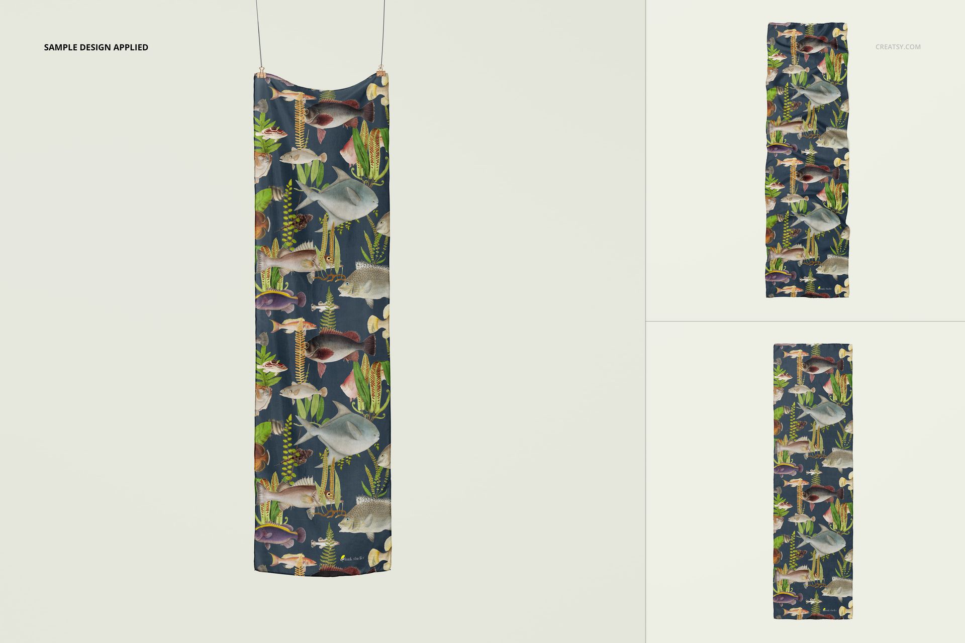 41x142cm silk scarf PSD mockup featuring a vibrant fish and underwater plant design, shown from multiple angles.