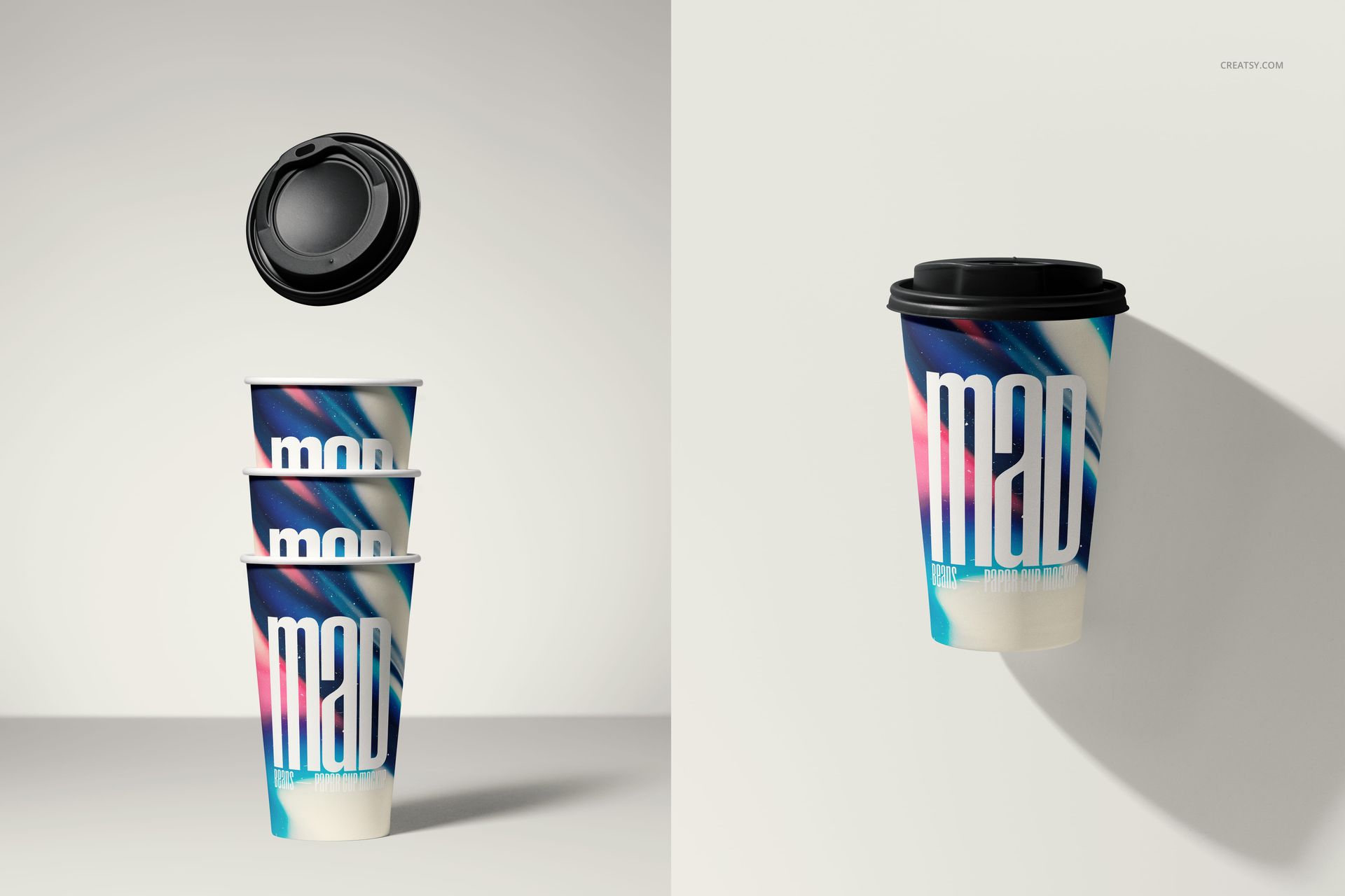 PSD mockup displaying a set of paper cups with modern colorful graphics, black lids, and minimal shadow on a neutral surface.