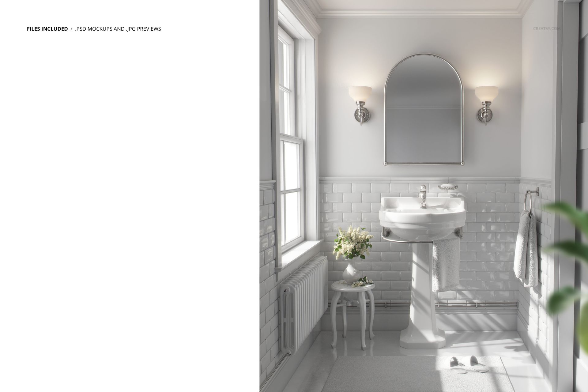 Vintage retro bathroom mockup featuring a white pedestal sink, arched mirror, and wall sconces in a bright space.