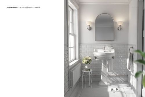 Vintage retro bathroom mockup featuring a white pedestal sink, arched mirror, and wall sconces in a bright space.